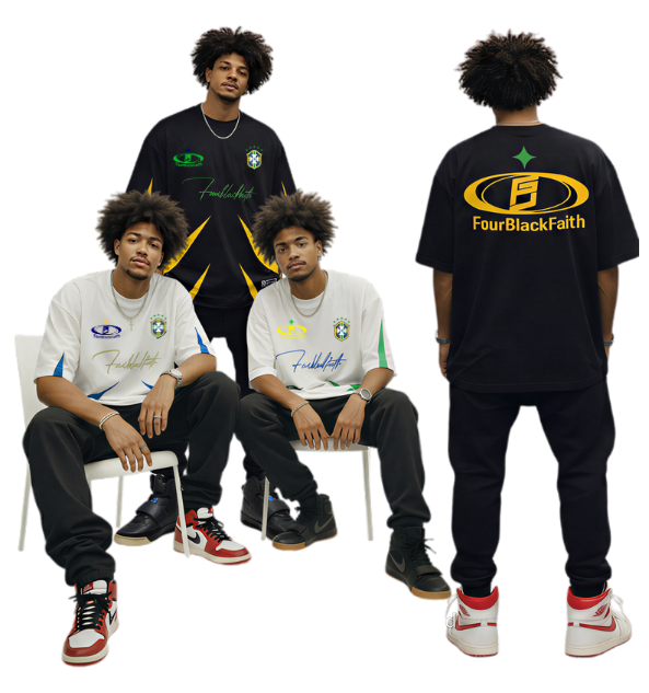 Camiseta oversized premium FOURBLACKFAITH Brasil de Olho no Hexa retrô nas cores preto, off white e bege, frente e costas, estampa inspirada na Copa do Mundo 2026.